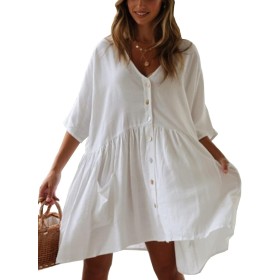 HYUET Mujer Vestido Corto de Playa Mujer Algodón Pareos y Camisola de Playa Sexy Verano Túnica Ropa Traje de Baño Bikini Cover