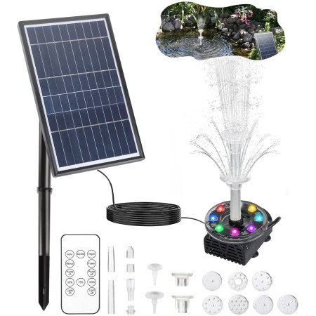 Boadw Fuente Solar LED con Panel Solar de 7W Incorporado 5000 Mah con 10 Estilos de Fuente para Jardines, Juegos acuáticos,