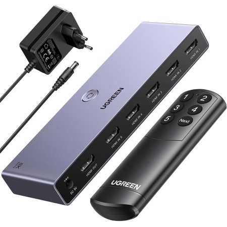 UGREEN 8K 60Hz Switch HDMI 2.1 5 Entradas 1 Salida 4K 240Hz HDCP 2.3 Adaptador de Corriente Conmutador con Mando a Distancia