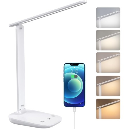 Lámpara Escritorio LED, Plegable Flexo LED Escritorio 5 Modos Brillo y Atenuación Continua, Lámpara LED Escritorio con puerto de