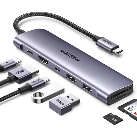 UGREEN Revodok 1071 Hub USB C HDMI 4K Adaptador Tipo C Lector Tarjeta SD TF PD 100W Carga Compatible con MacBook Pro Air M3 M2