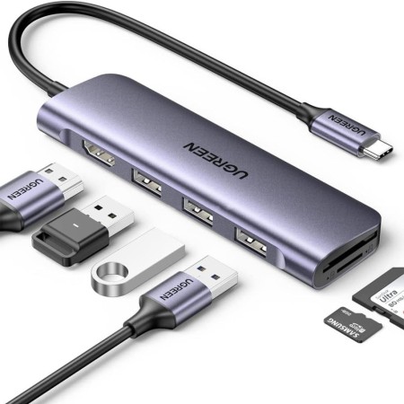 Ugreen 6 en 1 USB-C a USB, HDMI, 3 adaptadores multifunción USB-A 3.0, Plateado 20956A