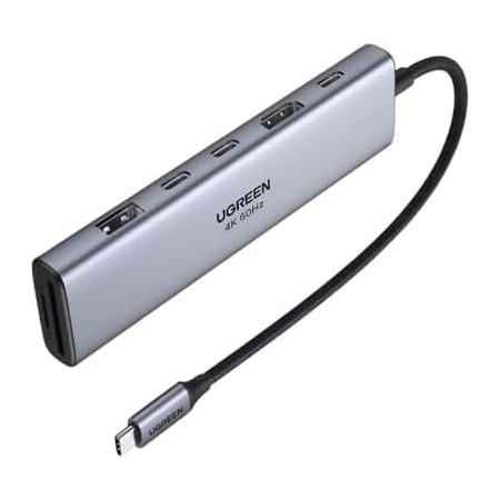Ugreen 45521 Adaptador multipuerto 7 en 1 USB-C Hub 4K HDMI con 100W PD, 2 USB- C 3.0, USB 3.2 y lector de tarjetas SD/TF 104
