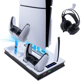 Wigearss PS5/PS5 Slim/PS5 Pro Soporte Vertical Ventiladores de Refrigeración y Estación de Carga de Dual Dontrolador, Soporte
