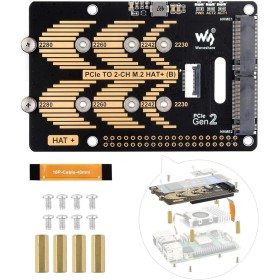 Waveshare PCIe a 2-CH M.2 HAT, compatible con Raspberry Pi 5, compatible con unidad de estado sólido M.2 NVMe 2230 2242 2280,
