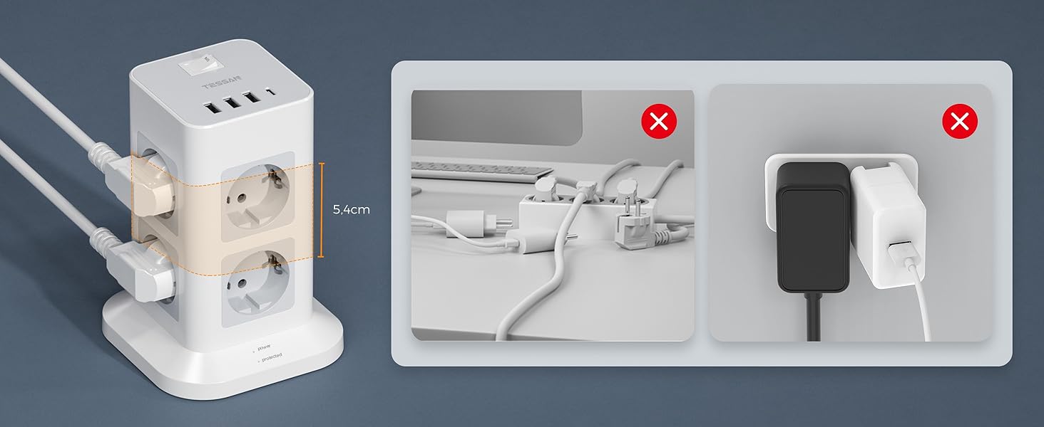 Regleta 8 tomas tiene un interruptor,El largo de cable alargador es de 2M