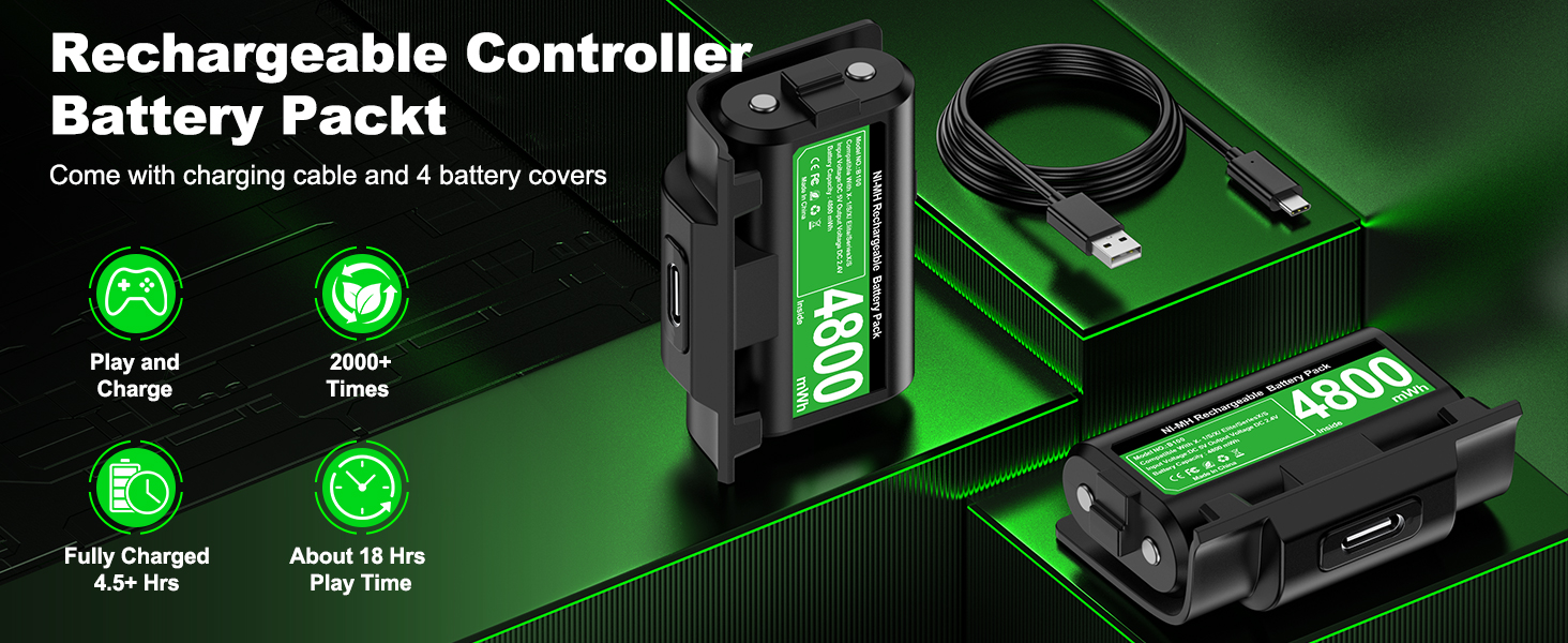 El texto dice «Paquete de baterías de controlador recargable». Las baterías del mando de videojuegos con indicadores LED verdes se muestran sobre un fondo oscuro con luces de estado iluminadas.