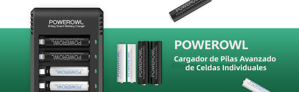 El texto dice «POWEROWL» en el embalaje verde. El producto parece ser un dispositivo de carga electrónico o un paquete de baterías que se muestra desde varios ángulos.