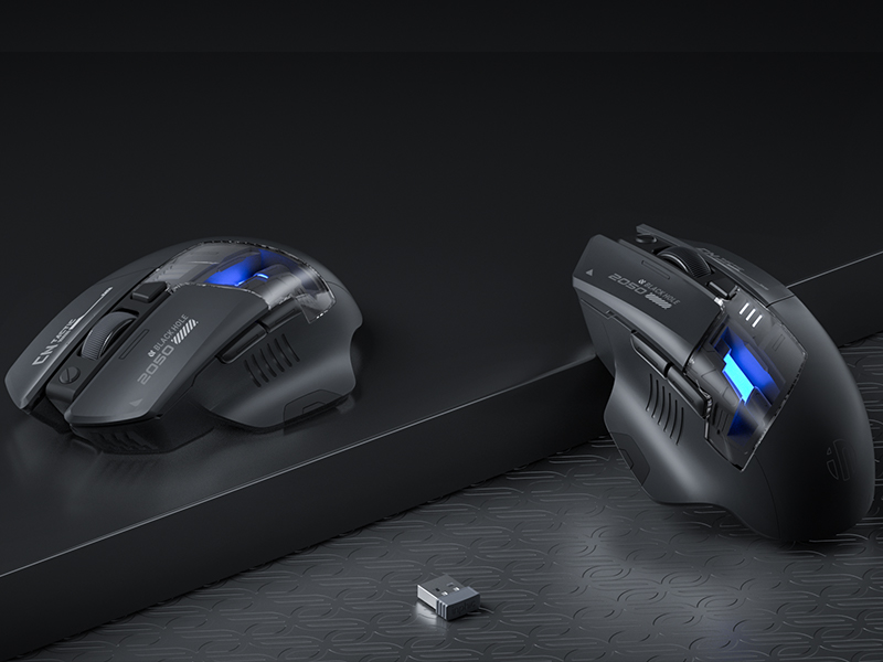 El ratón inalámbrico negro para juegos se muestra desde varios ángulos sobre una superficie oscura, con detalles en LED azules y un diseño ergonómico con varios botones y rueda de desplazamiento.
