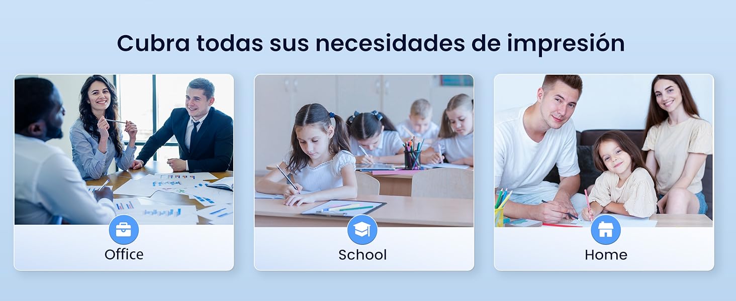 Imagen de tres paneles que muestra los escenarios de uso de la impresora: entorno de oficina con empleados, aula escolar con niños y entorno doméstico con miembros de la familia