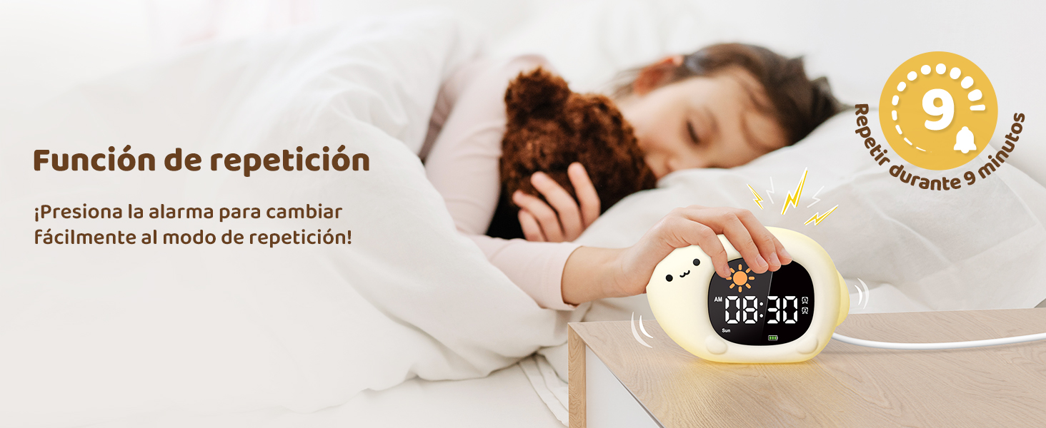 El texto dice «Función de repetición». Imagen de marketing que muestra a alguien durmiendo, con un icono circular que muestra un indicador de temporizador de 9 horas.