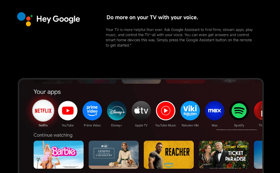 Hola, la interfaz de transmisión de Google muestra íconos de aplicaciones como YouTube, Netflix, Spotify y otros servicios de transmisión en un diseño de tema oscuro.