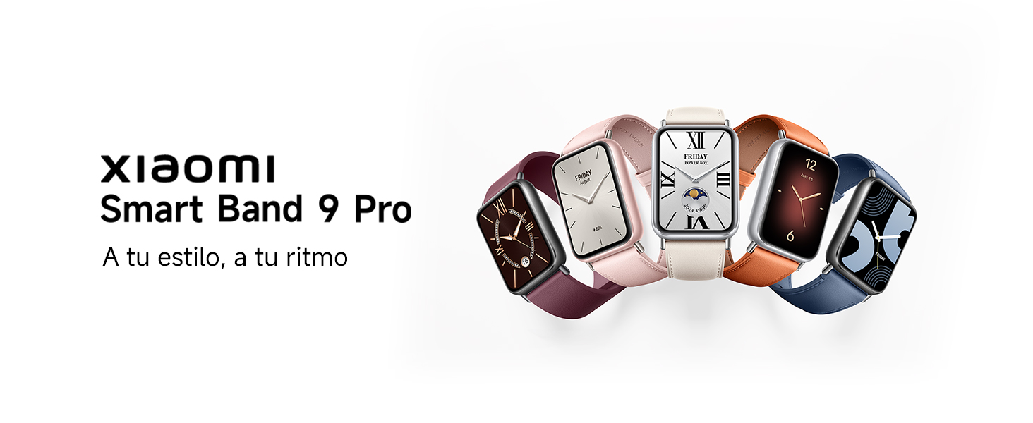 El texto dice «xiaomi Smart Band 6 Pro». La imagen del producto muestra varias pulseras inteligentes dispuestas en forma de arco, con pulseras de diferentes colores.