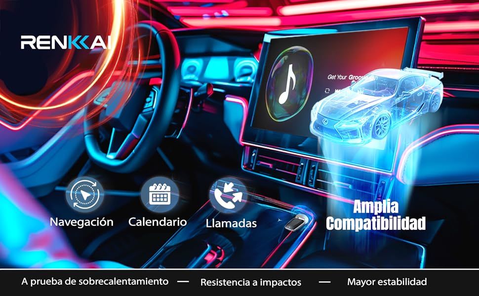 Texto: «RENKAA». Visualización de la interfaz del salpicadero del coche con pantallas holográficas que muestran la navegación, el calendario y los iconos de los elementos en azul y rojo con efectos de iluminación.