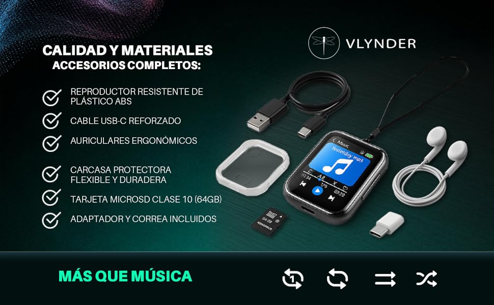 El texto dice «CALIDAD Y MATERIALES» y «VLYNDER». Interfaz oscura que muestra las especificaciones del producto con iconos circulares y detalles técnicos sobre un fondo negro.