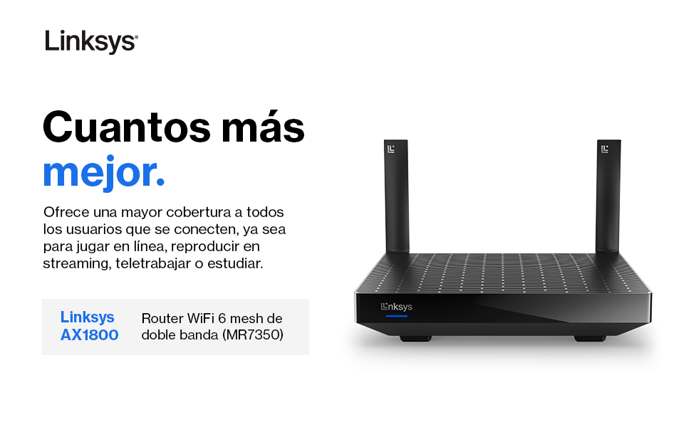 Router Linksys sobre un fondo blanco. Características: teletrabajo, velocidad WiFi 6, cobertura.