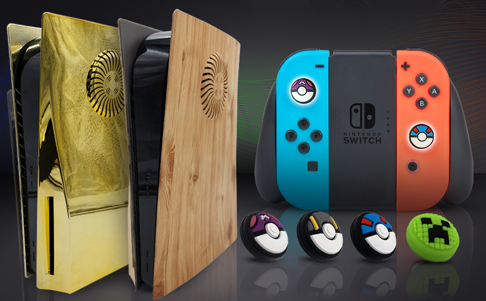 de Nintendo Switch en azul y rojo, junto con diseños de consola personalizados con vetas de madera y patrones dorados. Botones con temática de Pokeball visibles