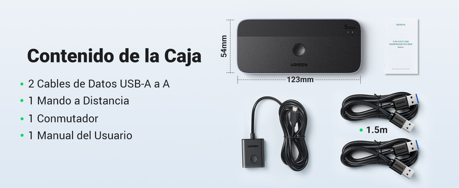Contenido del paquete del producto: 2 cables de datos USB-A a A, 1 mando a distancia, 1 conmutador y 1 manual de usuario. Incluye la imagen de un dispositivo rectangular negro