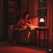 Serie de fotos en una habitación iluminada en rojo que muestran a alguien sentado con poca luz, creando una escena atmosférica cambiante.