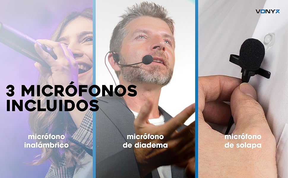 Altavoz con micrófono inalámbrico, Micrófono de diadema y Micrófono de solapa