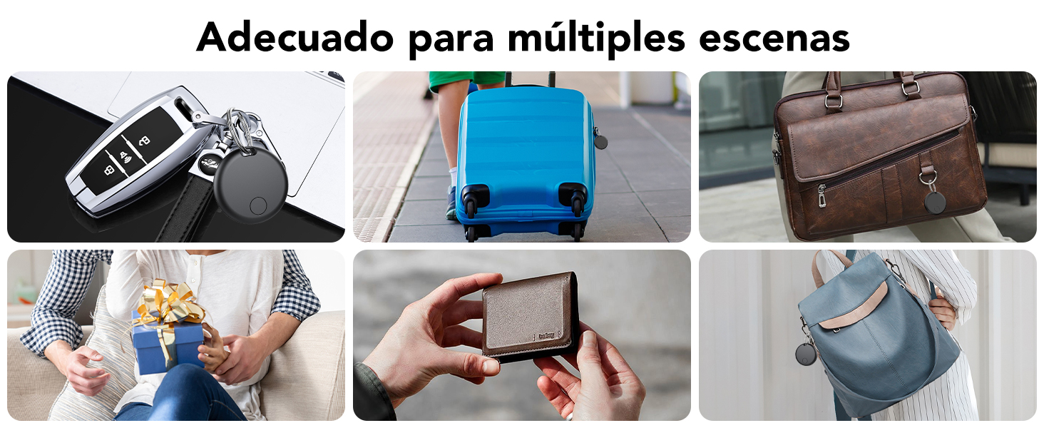 de seis imágenes que muestran varios usos de un dispositivo pequeño, incluso en un automóvil, con equipaje, para jugar y en diferentes entornos al aire libre.