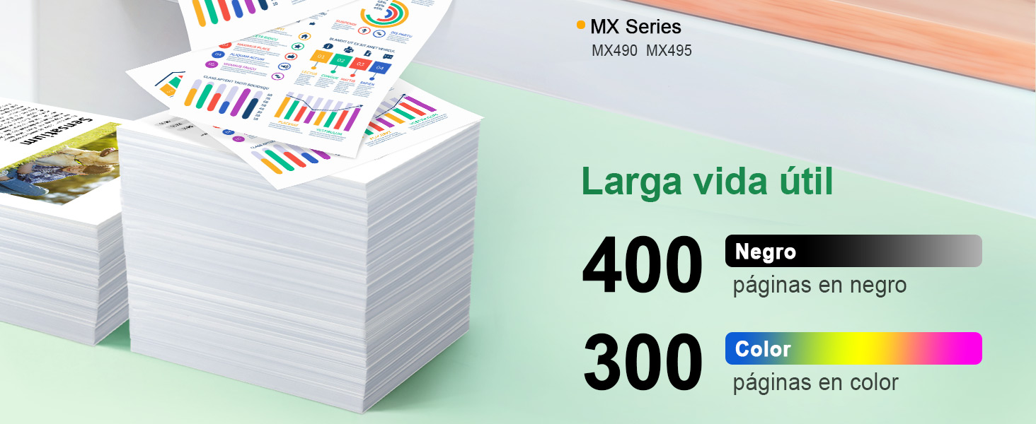 El texto indica «400 páginas en negro» y «600 páginas en color». Muestra pilas de papel blanco con gráficos y tablas coloridos.