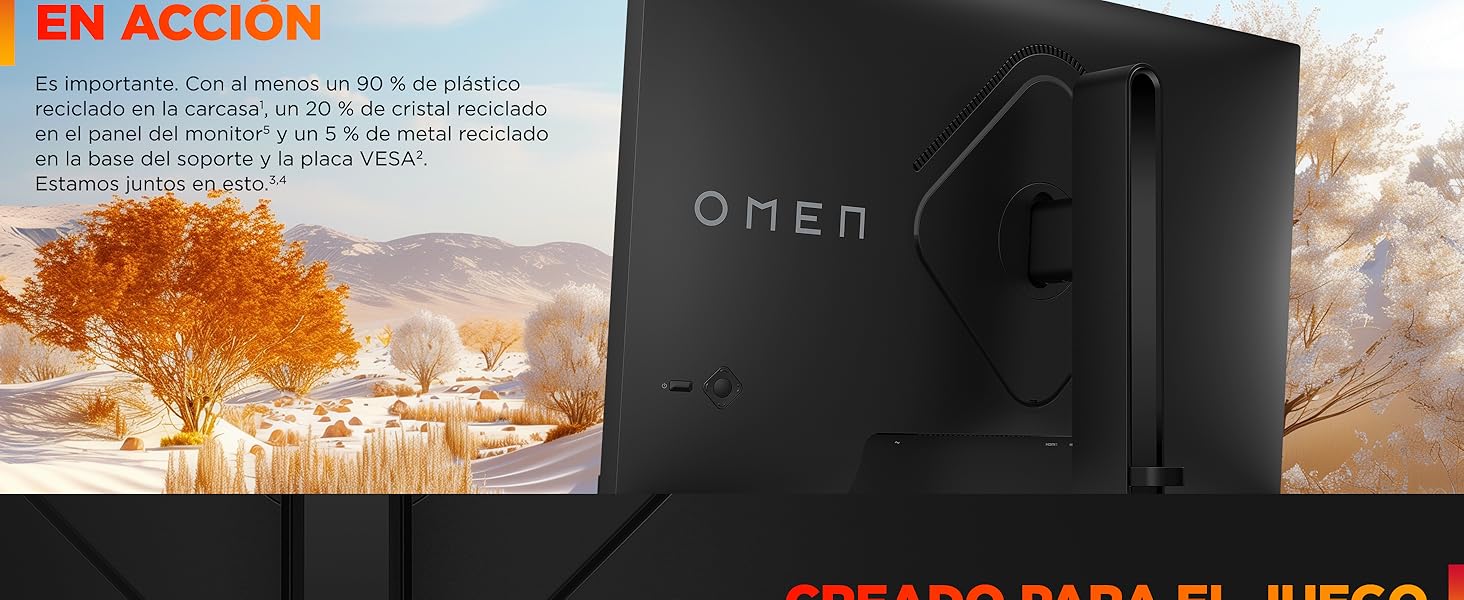 El texto dice: «EN ACCIÓN». Configuración de juegos o entretenimiento que muestra varias pantallas con imágenes de paisajes y elementos de interfaz.