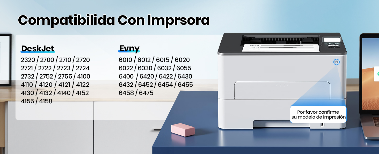 Tabla de compatibilidad de impresoras que muestra los números de modelo de DeskJet y Sony. Impresora azul en el escritorio con un objeto rosa parecido a una goma de borrar