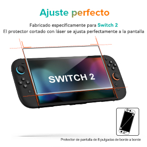 para consola Nintendo Switch 2. El diagrama muestra un ajuste preciso cortado con láser. El texto resalta el ajuste perfecto y la cobertura total de la pantalla.