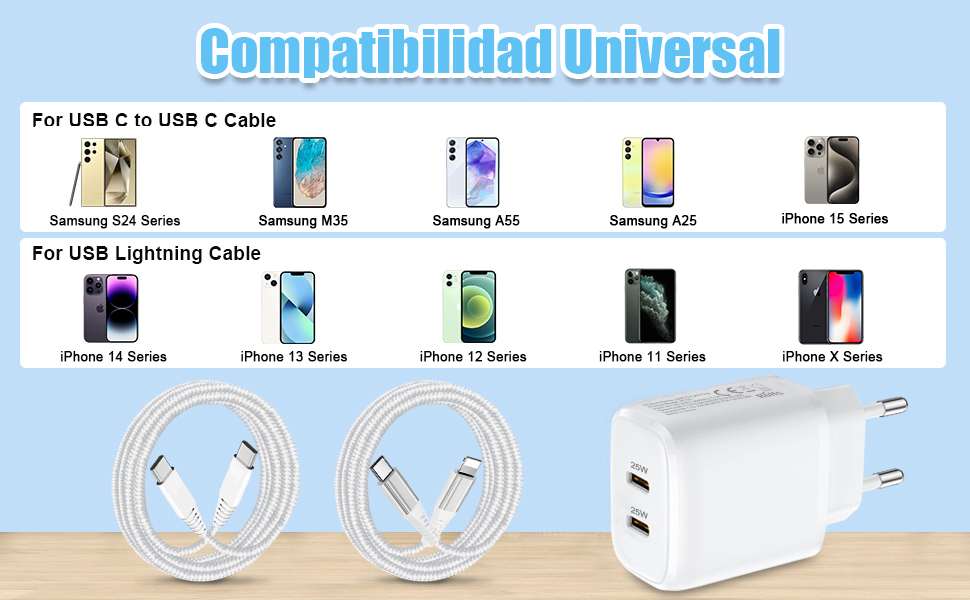 Doble 25W Cargador USB C y Cable