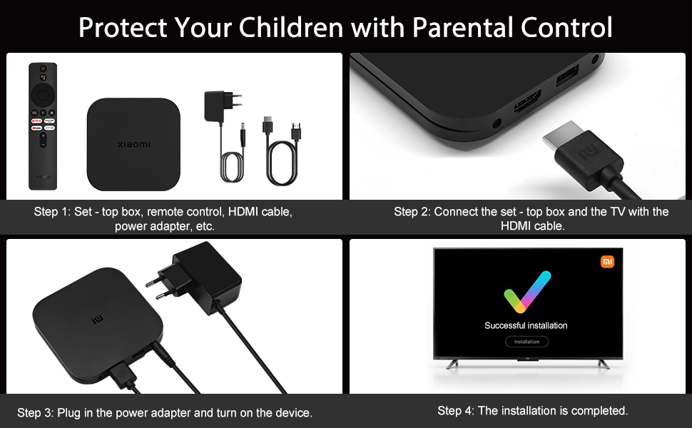 Guía de instalación de cuatro paneles para un dispositivo de control parental de TV, que muestra los pasos de configuración con el adaptador de corriente y las conexiones HDMI.