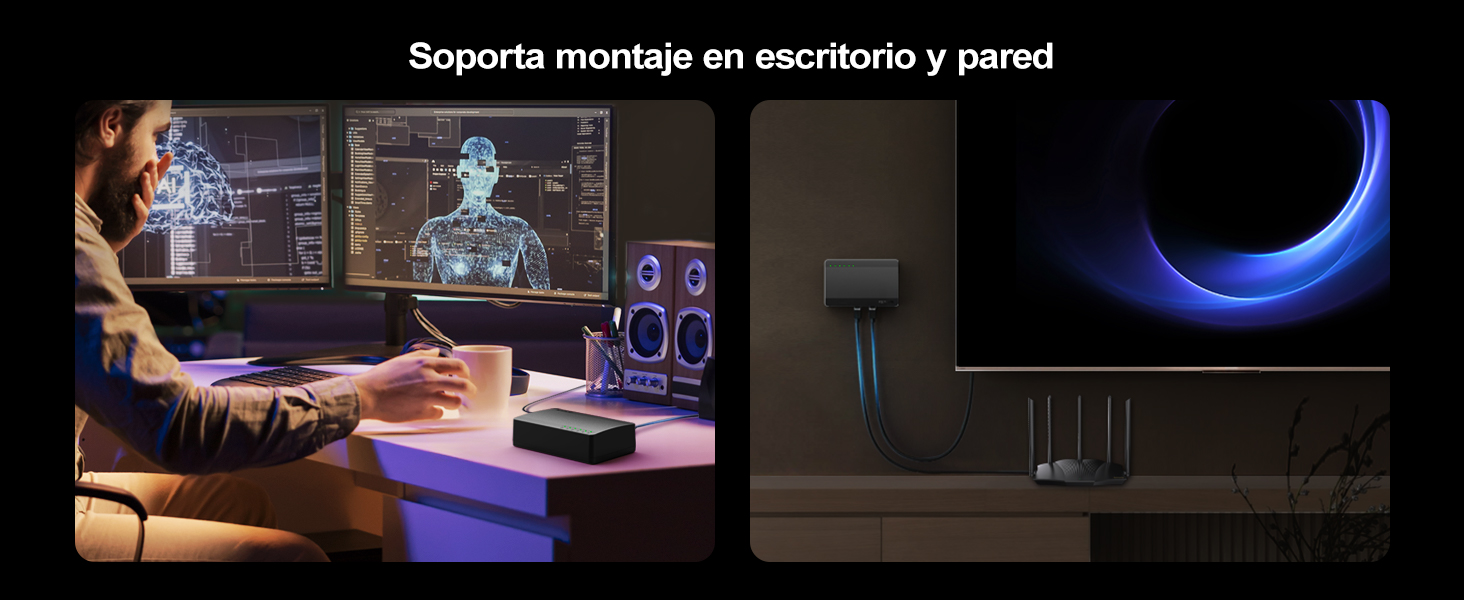 Soporta montaje en escritorio y pared