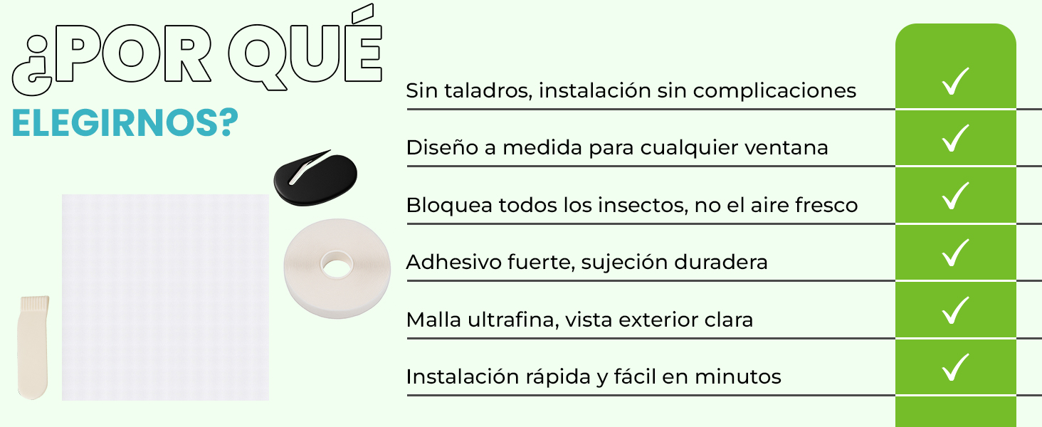 Kit con malla, accesorios y beneficios: instalación fácil y vista clara al exterior
