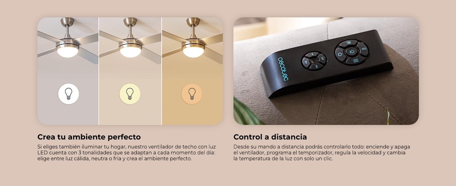 ventilador de techo con luz led ventiladores lampara aspas silencioso dormitorio Cecotec ceiling fan