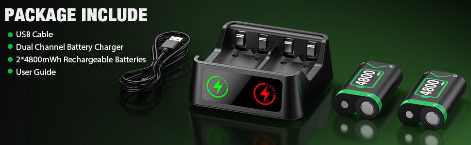 con dos puertos de carga, indicadores LED y paquetes de baterías y cable USB incluidos.