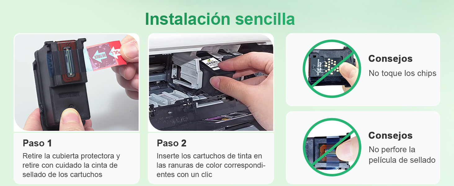 El texto dice: «Instalación sencilla». Guía de instalación paso a paso que muestra los movimientos de las manos y las herramientas con iconos circulares que contienen gráficos instructivos.