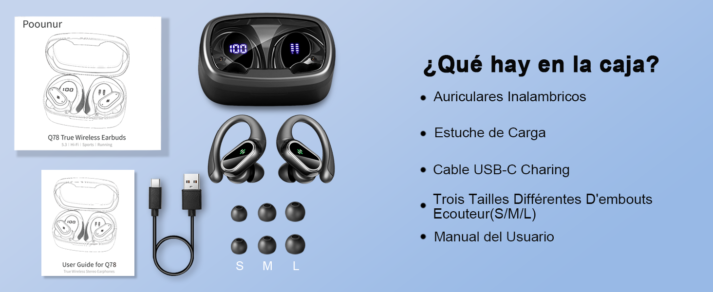 con funda de carga, cable USB-C y varios tamaños de almohadillas. La lista del contenido del producto en español se ve en