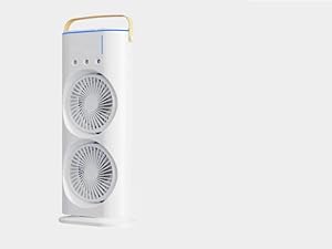 El dispositivo portátil blanco con doble ventilador se muestra desde varios ángulos, con cabezales ajustables y un diseño compacto para una refrigeración personal.