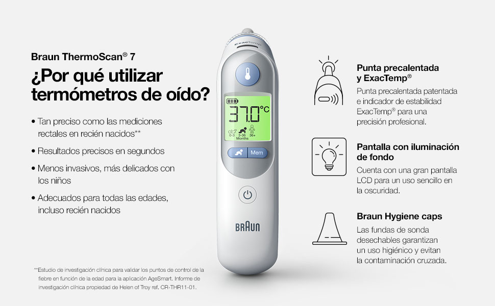 Termómetro; oído; Braun; ThermoScan; Age Precision; pantalla codificada por colores; fiebre;