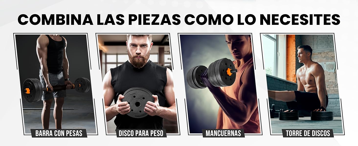 Juego de Mancuernas Ajustables 4 en 1 con Barra Recta de Conexión, Discos