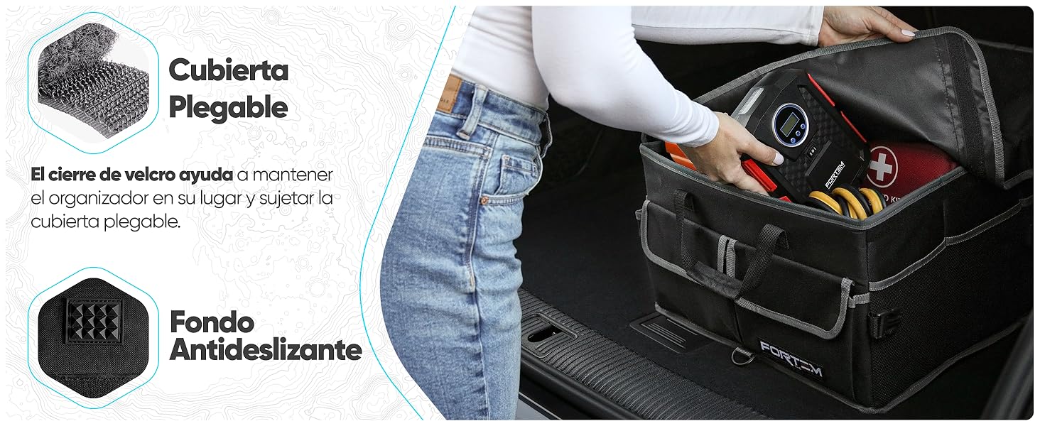 Organizador de baúl con tapa plegable y base antideslizante. Gancho y pestillo extraíbles.