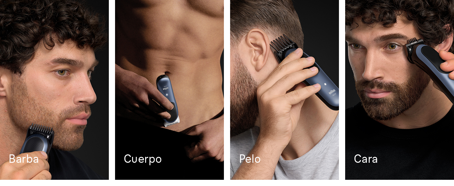 Diferentes formas de usar los accesorios de Braun Series 7 en barba, cuerpo, pelo y cara.