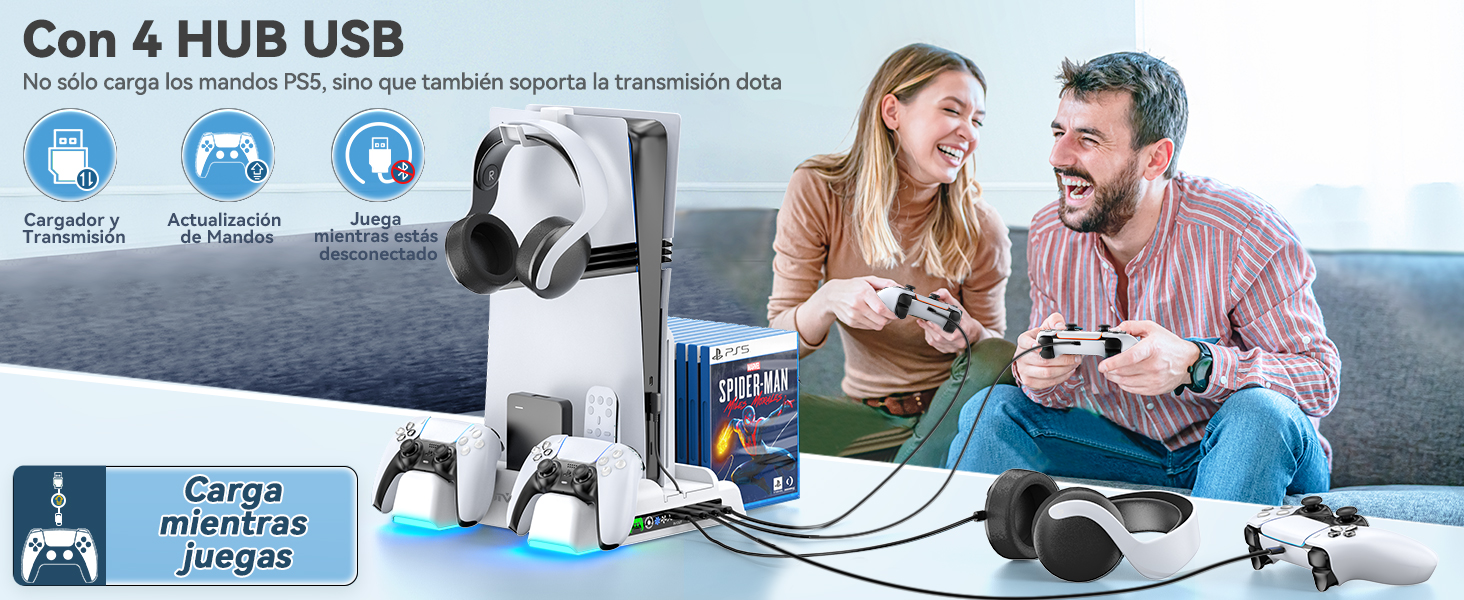 El texto dice «Con 4 HUB USB». La pantalla del producto muestra un dispositivo de conectividad USB con varios puertos y varios dispositivos y periféricos conectados.