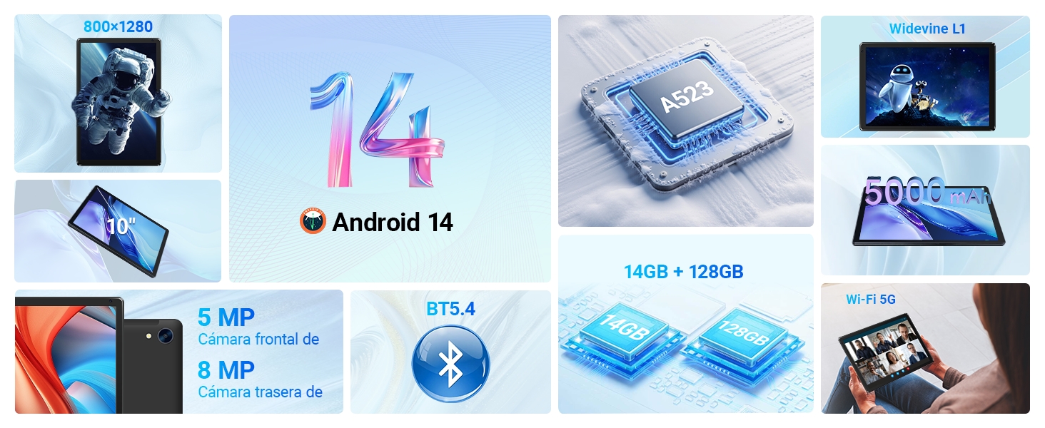 El texto dice «Android 14». Colección de imágenes de marketing de temática tecnológica que muestran diseños de interfaces en tonos azules, maquetas de dispositivos e ilustraciones de arquitectura de sistemas.