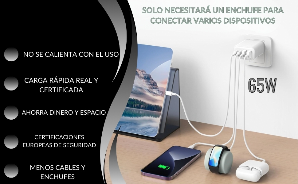Cargador USB C Carga Rápida, Cargador Múltiple, Enchufe Múltiple, Cargador Iphone, Enchufe usb C