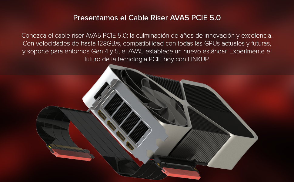 de cable vertical PCIe 5.0 renderizado sobre fondo rojo, muestra un componente de computadora negro y plateado con un diseño de conector en ángulo