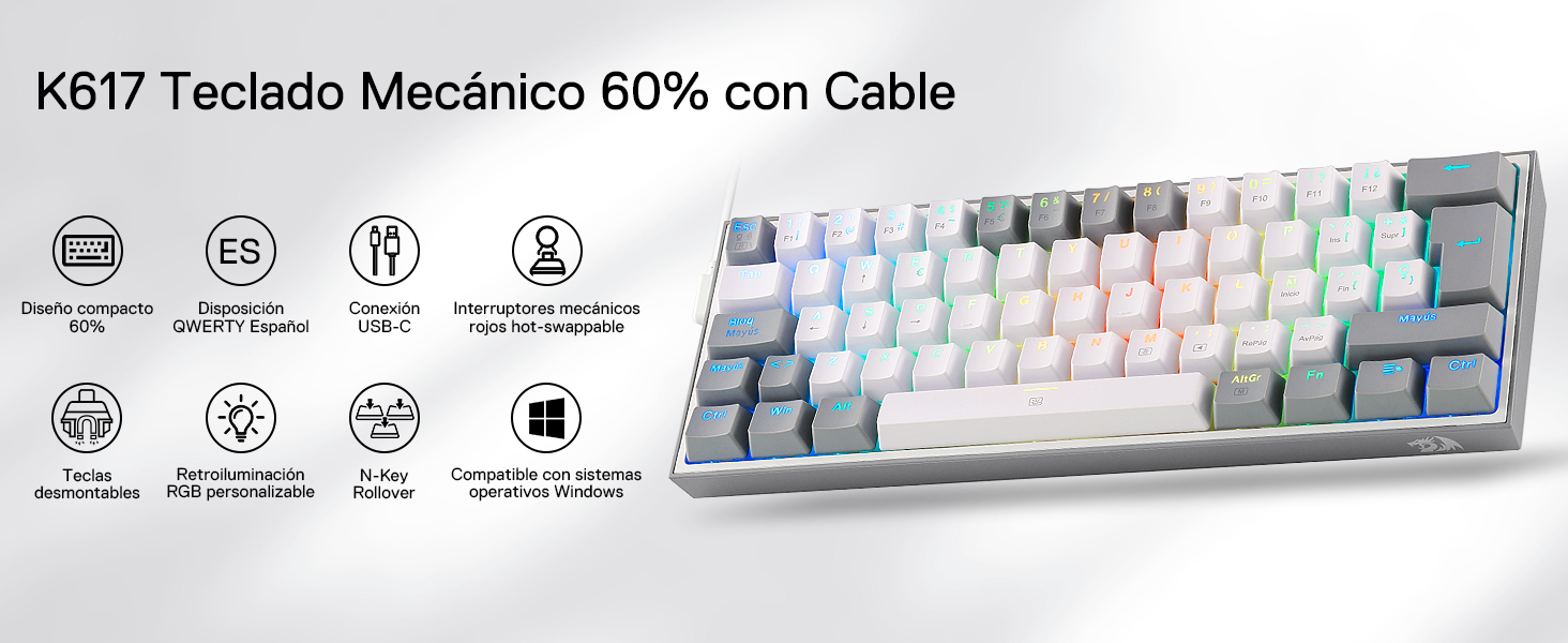 El texto dice «K617 Teclado Mecánico 60% con Cable». Teclado mecánico compacto con teclas blancas y sutiles teclas de acento rosa.