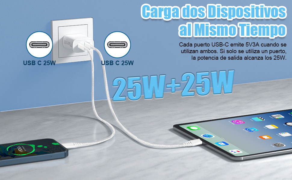 Doble 25W Cargador USB C y 1.8M Cable USB C a USB C