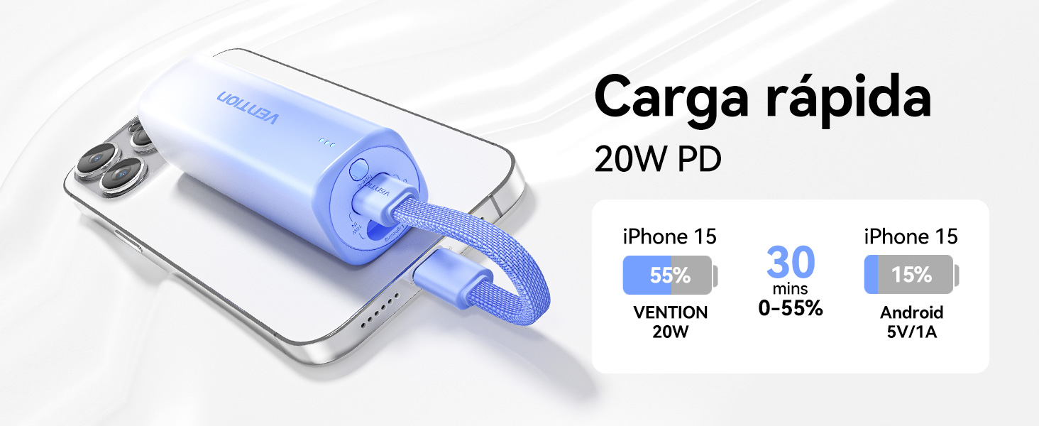 Mini Power Bank 5000mAh con USB C & Cable Lightning PD 20W Color Powerbank Pequeña Carga Rápida