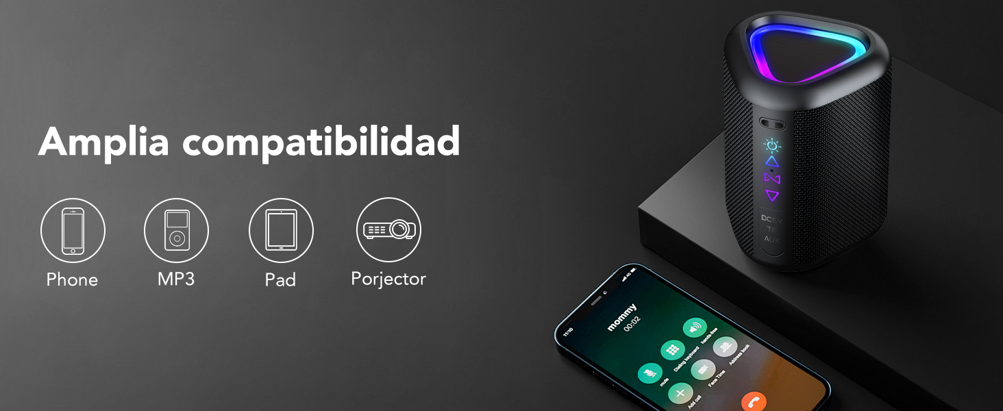 El texto dice «Amplia compatibilidad». La pantalla del dispositivo electrónico muestra una interfaz iluminada con múltiples indicadores de iconos.